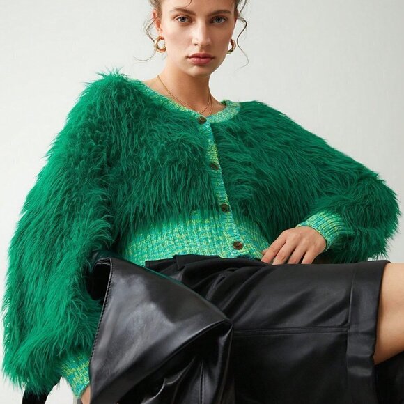 Green Casual Womens Solid Fuzzy Cardigan - Picture 1 of 5